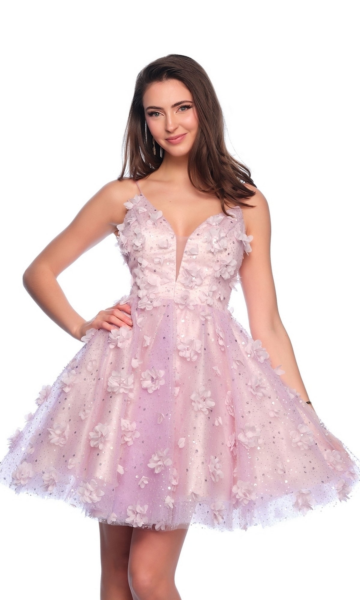 Woman wearing the Dave and Johnny Short Purple Hoco Dress 11751, a sleeveless designer dress with floral embellishments and a deep V-neckline, posing against a white background.